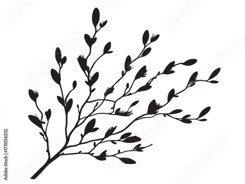 Graceful twig with buds striking black silhouette illustration