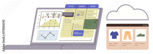 Open laptop displaying task board, analytics charts, and online storefront connected to cloud. Ideal for productivity, collaboration, workflow, project management, analytics, e-commerce cloud