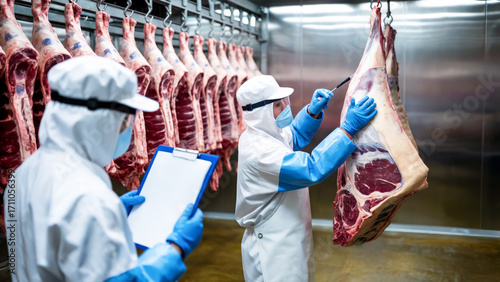 Group of workers in full protective uniforms inspecting meat for infection and contamination in cold storage, concept of disease control