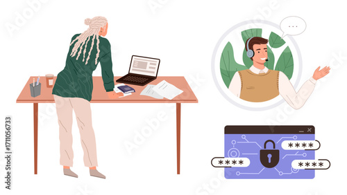 Woman working on a laptop, virtual communication with a support agent, digital security representation with password protection. Ideal for remote work, cybersecurity, customer support, online safety