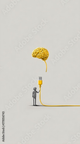 Abstract illustration of a small human figure holding a USB plug connected to a yellow brain. Symbolizes digital learning, artificial intelligence, and the connection between humans and technology.