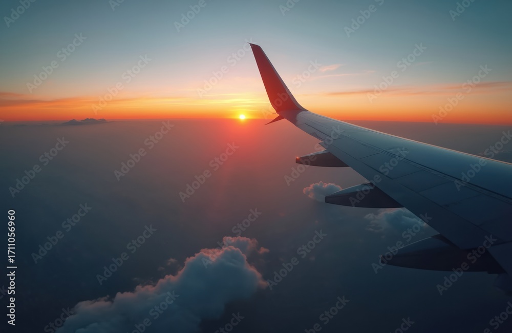 Fototapeta premium View from airplane window at sunrise above clouds. Aircraft wing, sun disk low on horizon, orange sky, dawn light. Peaceful flight journey over atmosphere.