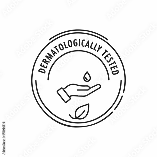 Dermatologically tested mark with hand and water drop in black and white. Dermatologically tested label conveys quality, safety, and trust for skincare products.
