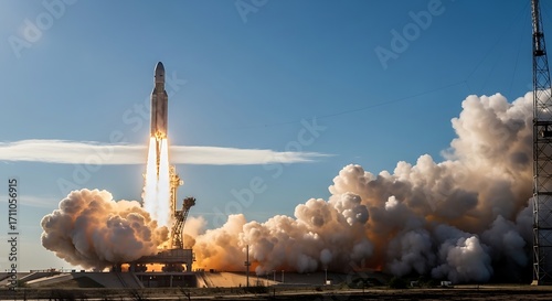 Rocket launch bright flames billowing smoke blue sky space exploration ignition
