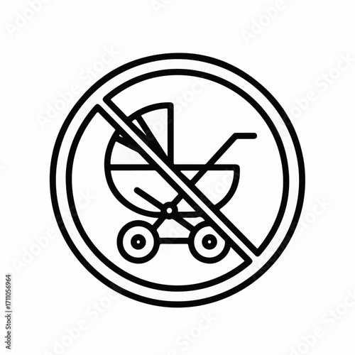 No strollers allowed displayed on white background, clear prohibition with baby carriage symbol crossed out. No strollers warning sign is important public advisory, ensures pedestrian safety.