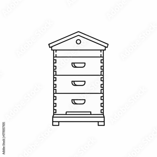 Isolated beehive icon, in minimalistic design with thin black outline on white background. Beehive for honey production requires a safe structure to protect bees from elements.