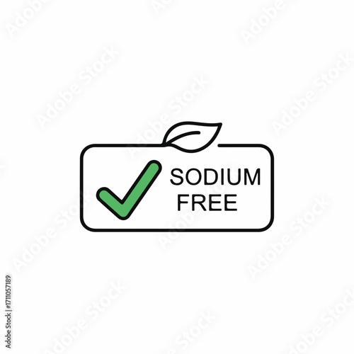 Sodium free label with leaf and check mark indicates nutritional characteristics, promoting a healthier lifestyle. Sodium free label is perfect for use on packaging, websites and marketing materials,