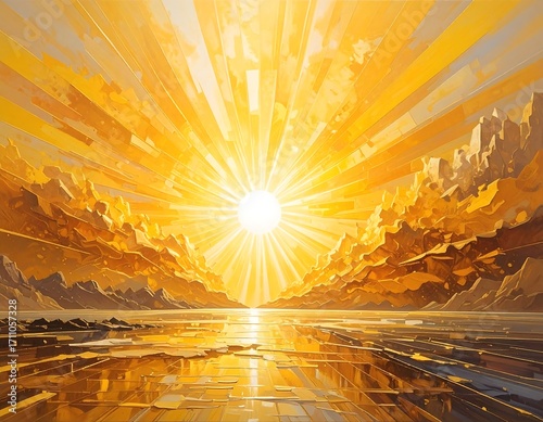 A radiant, golden landscape bathed in the sun's dazzling light, showcasing a vibrant, textured design.