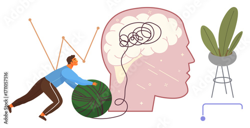Person rolling large tangled yarn ball near outlined human brain representing mental clarity, organization, or problem solving. Ideal for mental health, productivity, therapy, mindfulness, stress