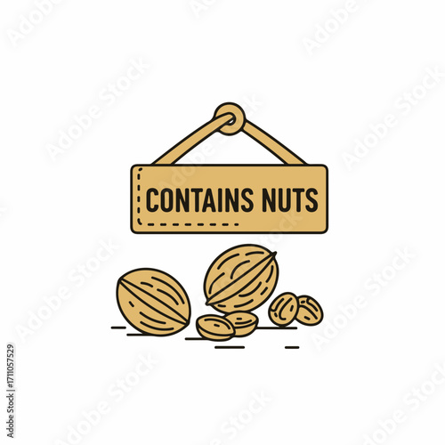 Contains nuts label with simple sign indicating potential allergens. Contains nuts ingredients shown in artistic layout including warning sign.