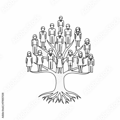 Family tree illustration with outline figures on white background. Concept of genealogy with ancestor descendants, representing family tree of relationships. Conceptual family tree,