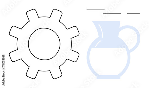 Gear shape beside a partially filled pitcher with fluid, combining mechanical utility and domestic balance. Ideal for innovation, duality, household, industry, systems, contrast, and minimal flat