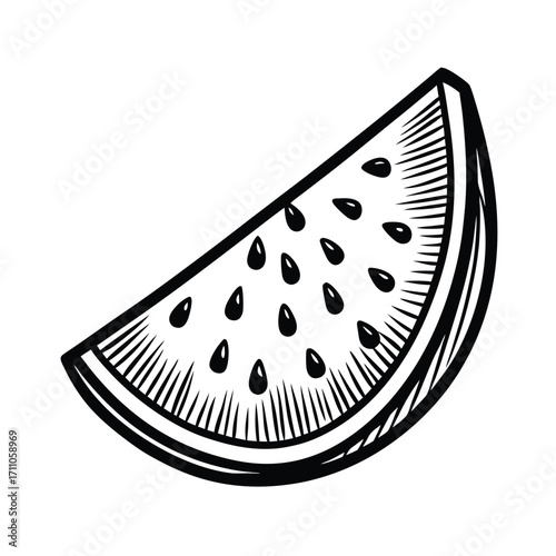 Slice of watermelon illustration: a mouthwatering depiction of a refreshing watermelon slice with dark seeds and a beautifully etched rind, perfect for conveying freshness and the taste of summer.