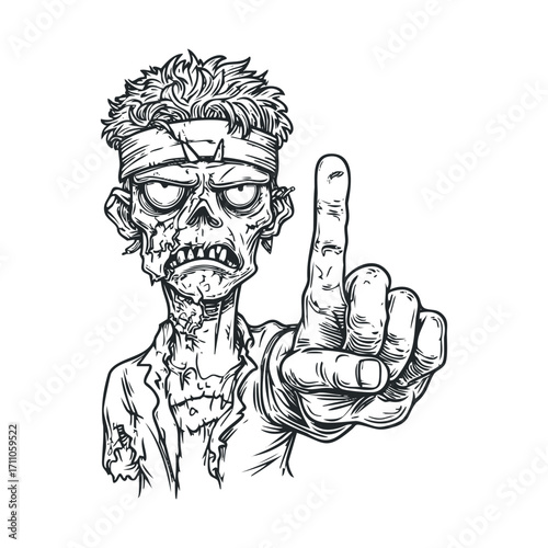 Zombie character with a warning gesture for Halloween themes. Vector hand drawn illustration


