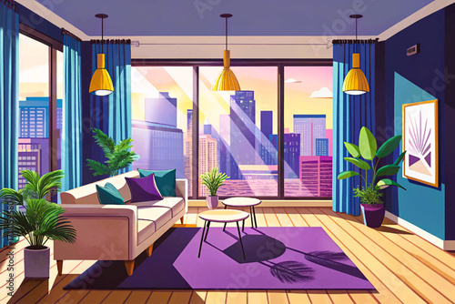 contemporary apartment living room vector scene with wide glass windows framing a panoramic city skyline, natural sunlight brightening the wooden flooring, and soft beige curtain