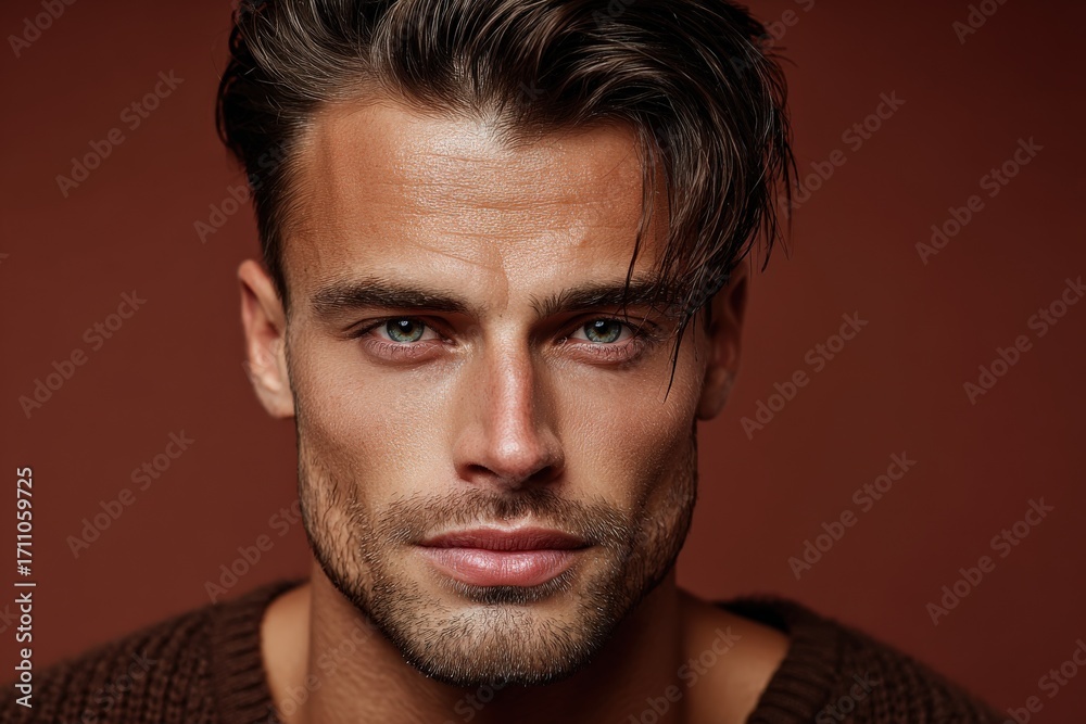 Obraz premium Attractive Man Portrait with Intense Gaze, Brown Hair and Sweater Posing in Studio Against Brown Background