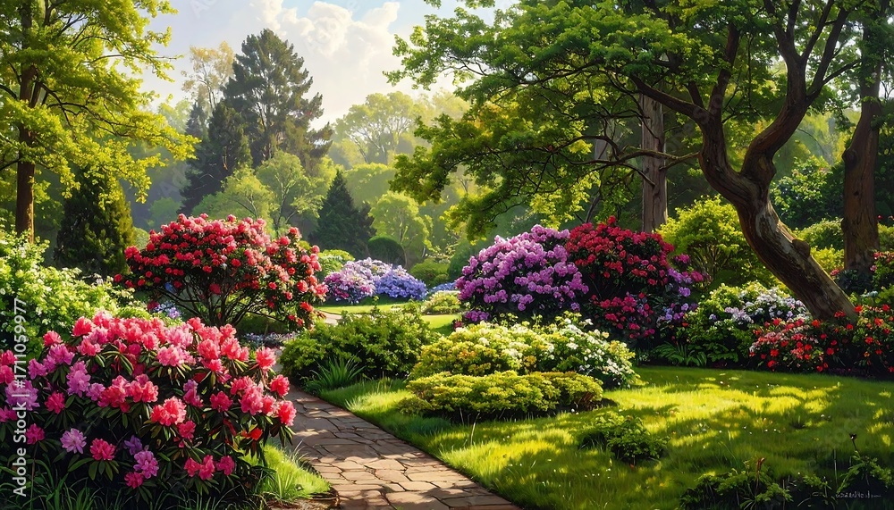Naklejka premium A vibrant garden path winds through a colorful display of rhododendrons and lush greenery, bathed in the warm sunlight of a beautiful spring day.