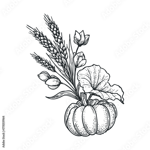 Autumn harvest arrangement with pumpkin and wheat plants. Vector hand drawn illustration

