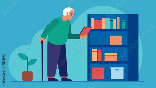 At Home with Canes A cozy indoor scene where a senior is reaching for a book on a high shelf with the help of a sy cane showcasing independence in daily activities.