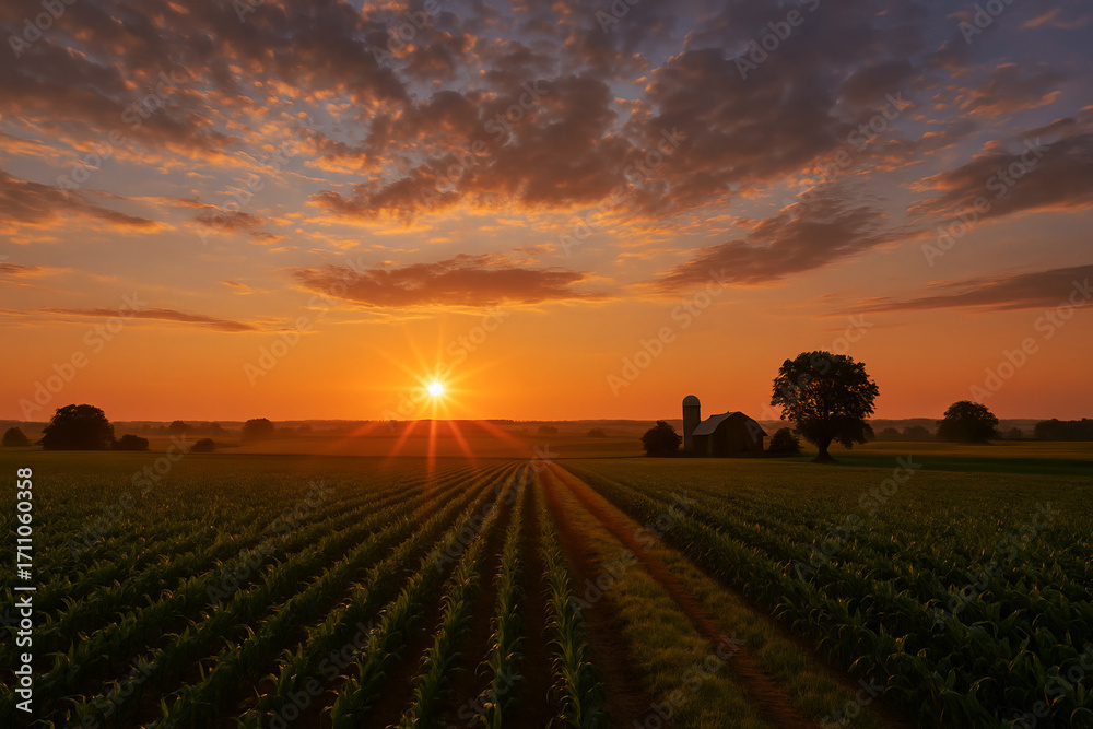 Fototapeta premium Stunning sunset over countryside landscape with farm and sunlit fields captured in timelapse photography. concept of nature tranquility, rural serenity, scenic beauty.