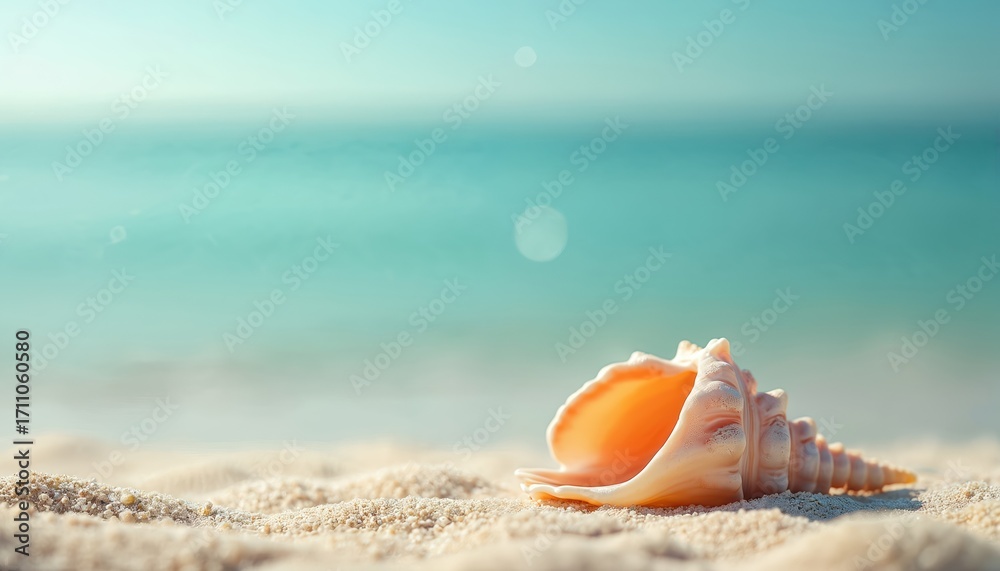 Obraz premium Close-up photo seashell on sandy beach. Ocean view in sunlight. Beautiful nature landscape with calm turquoise water. Summer vacation concept with sea shell and sand.