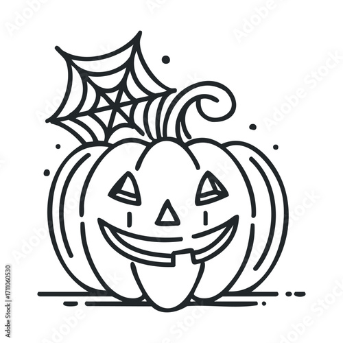 Halloween pumpkin decoration with spider web and smile. Vector line illustration