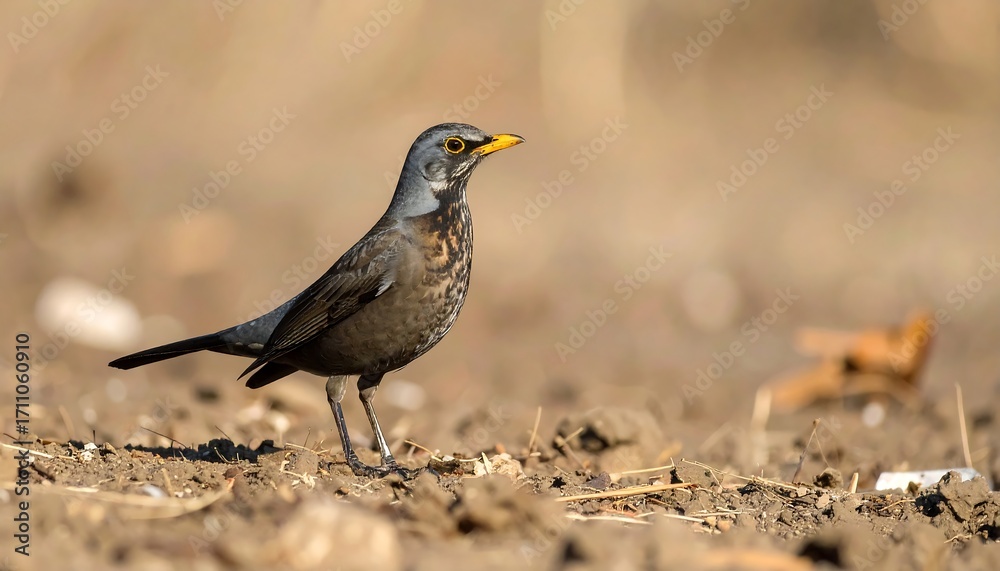 Obraz premium Bird foraging on dry ground