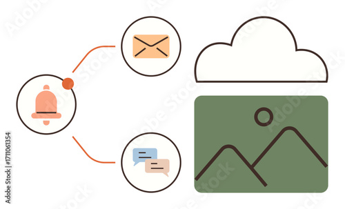 Cloud icon, image thumbnail, bell notification, email, and chat bubbles connected by lines. Ideal for communication, collaboration, organization, reminders messaging data sharing simple flat