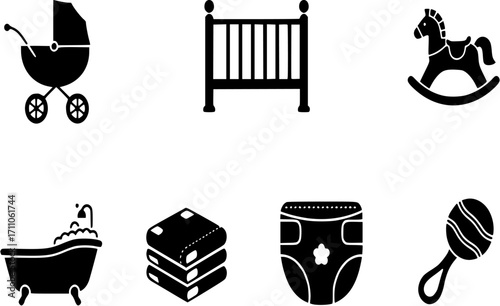 Simple Baby Icons Set in Black Color Depicts a Baby Carriage, Crib, Rocking Horse, Bathtub, Diapers and a Baby Rattle
