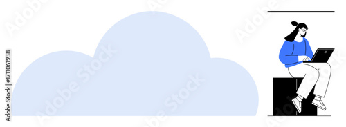 Woman sitting on a stool with a laptop, large cloud in the background. Ideal for technology, cloud computing, data storage, remote work, innovation, communication digital systems. Simple flat