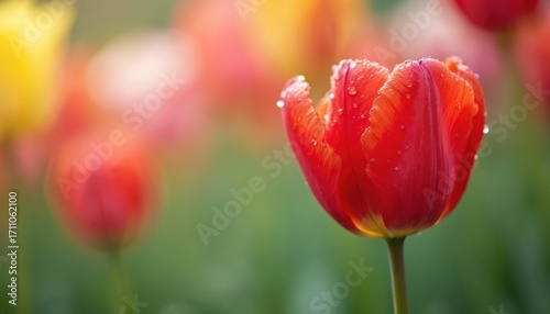 Bright red tulip stands tall in garden. Fresh raindrops cling to vibrant petals, showing intricate texture. Blurred yellow, pink, red flowers create soft background. Nature wakes up in early spring,