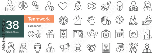  Teamwork line icons set, collaboration and business partnership symbols, editable stroke vector graphics for team management and corporate design