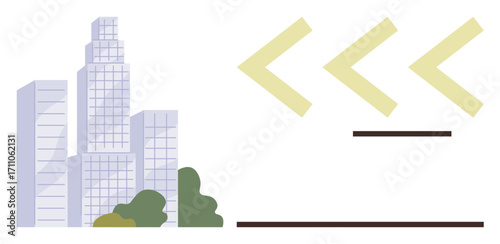 Group of tall buildings alongside trees and abstract arrows, conveying progress and movement. Ideal for business, growth, architecture, urban planning, innovation, progress city themes. Clean