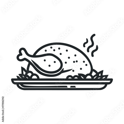 Delicious roasted chicken served on a platter with herbs and garnish. Vector line illustration