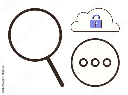 Magnifying glass, secured cloud with lock, and ellipsis icons convey data search, cybersecurity, privacy, and communication. Ideal for technology, research, security analysis connectivity