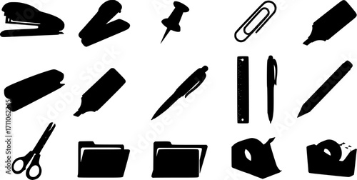 Collection of office supplies icons silhouette isolated on white background
