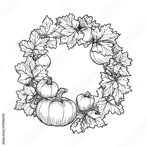 Autumn wreath design featuring pumpkins and foliage for seasonal decor. Vector hand drawn illustration

