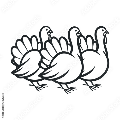 Group of turkeys walking in a line for Thanksgiving celebration. Vector line illustration