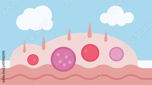 Cellular Action A closeup of skin cells with exosomes depicted as small clouds enhancing the rejuvenation process while retinol is illustrated activating receptors on the cell