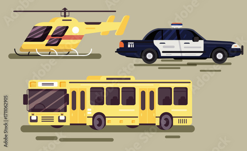 Helicopter car bus vehicles icons colored modern sketch