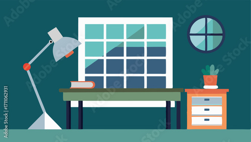 An office with a white writing desk metal desk lamp and a large wall calendar made from a vintage window frame.