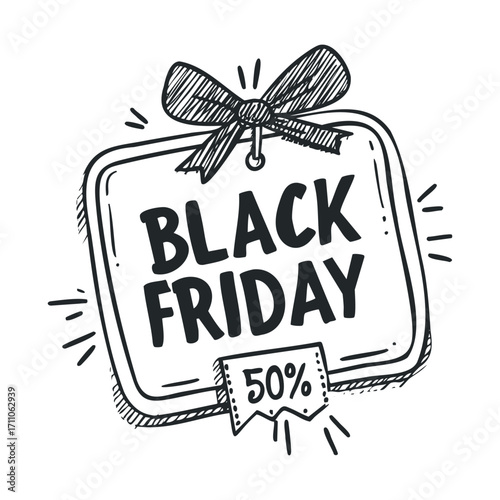 Black Friday discount sign with 50 percent off promotion. Vector hand drawn illustration

