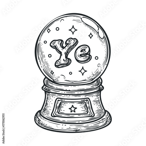 Magical crystal globe with the letters Ye inside showcasing charm. Vector hand drawn illustration

