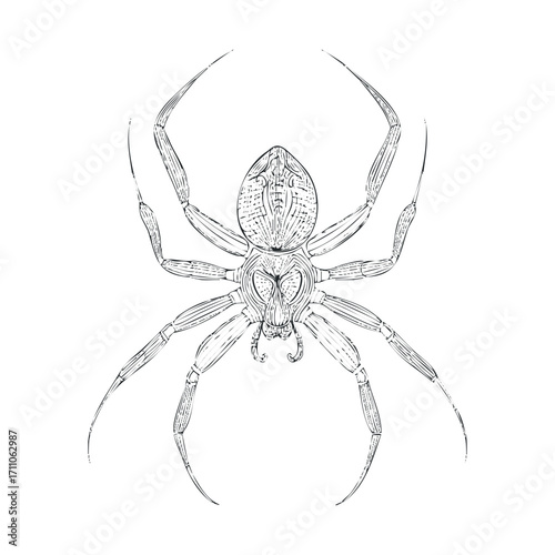 Detailed sketch of a spider showing intricate features and anatomy. Vector hand drawn illustration

