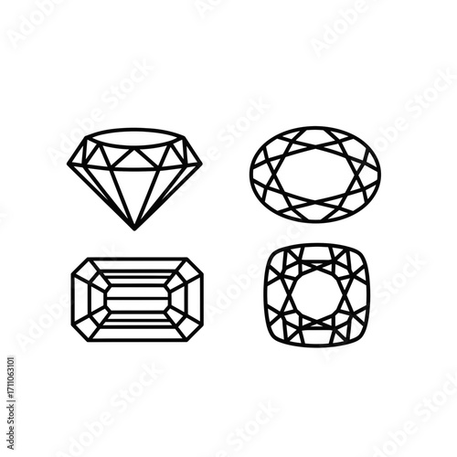 Icon set of diamond, ruby, emerald, and sapphire in line art style