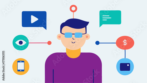 Adaptive Technology A depiction of a person with a disability using a specialized device like a mouth stick or eye tracker to interact with social media showcasing the use of