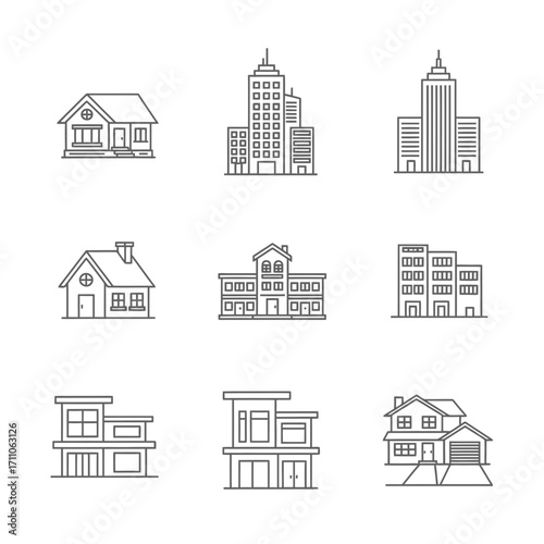 Set of line art house and building icons in minimalist style