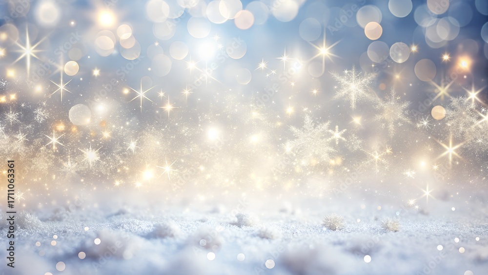 Fototapeta premium A magical winter wonderland scene with soft, glowing bokeh lights and sparkling snowflakes scattered across a snowy landscape, evoking a festive and ethereal holiday atmosphere