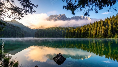 A tranquil lake reflects surrounding mountains, a forest, and a partly cloudy sky, framed by overhanging tree branches