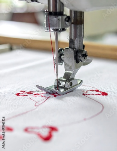 Close-up of a sewing machine needle and presser foot embroidering intricate floral designs on white fabric.